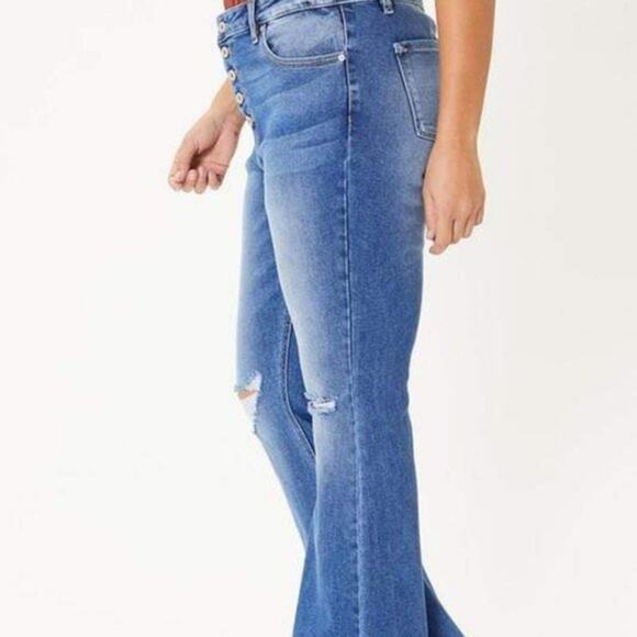 Kancan Flirting With A Stranger Plus Size Denim Distressed Flare Button Jeans - Picture 10 of 16